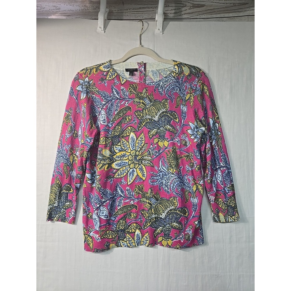 Talbots Petite Size SP Floral Pink 100% Cotton Crewneck Sweater 3/4 Sleeves